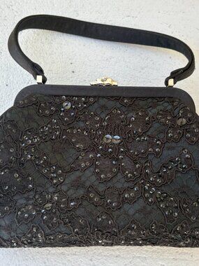 Talbots Black Beaded Top Handle Date Night Satin Purse